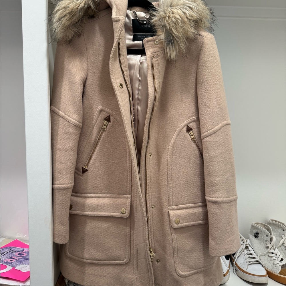 Women's Tan Hooded Coat with Faux Fur Trim